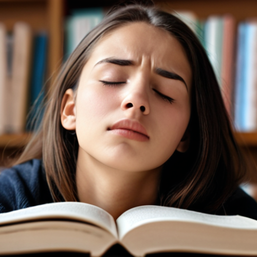 **A serene student practicing deep breathing exercises with eyes closed, books softly blurred in the background.** (Focus: managing stress with breathing)