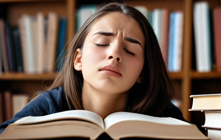 **A serene student practicing deep breathing exercises with eyes closed, books softly blurred in the background.** (Focus: managing stress with breathing)