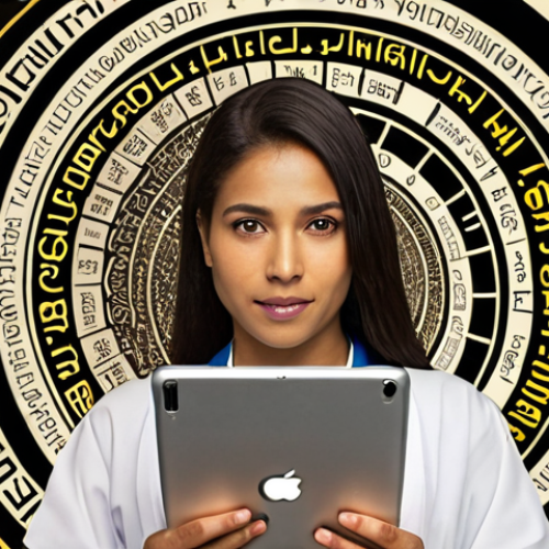 A professional, diverse individual (ambiguous gender, any ethnicity) in a bright, modern setting, surrounded by a swirling vortex of multilingual words and symbols, including Turkish, English, and technical jargon. They hold a luminous digital tablet displaying various language certificates (e.g., a "Sworn Translator" badge, or abstract certificate icons). Subtle visual cues for specialized niches like medical (DNA helix), legal (scales of justice), and tech (circuit board pattern) are integrated into the background. The overall mood is intelligent, empowering, and signifies professional mastery and specialization. Highly detailed, high resolution, soft ambient lighting.