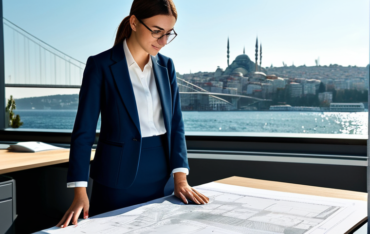 **
"A successful female architect in a modern, sunlit office space in Istanbul, Turkey. She is reviewing blueprints while wearing a stylish, tailored blazer and modest, knee-length skirt. Background shows a cityscape view with the Bosphorus bridge. Safe for work, appropriate content, fully clothed, professional, perfect anatomy, natural proportions, high-resolution, architectural photography, family-friendly."
**