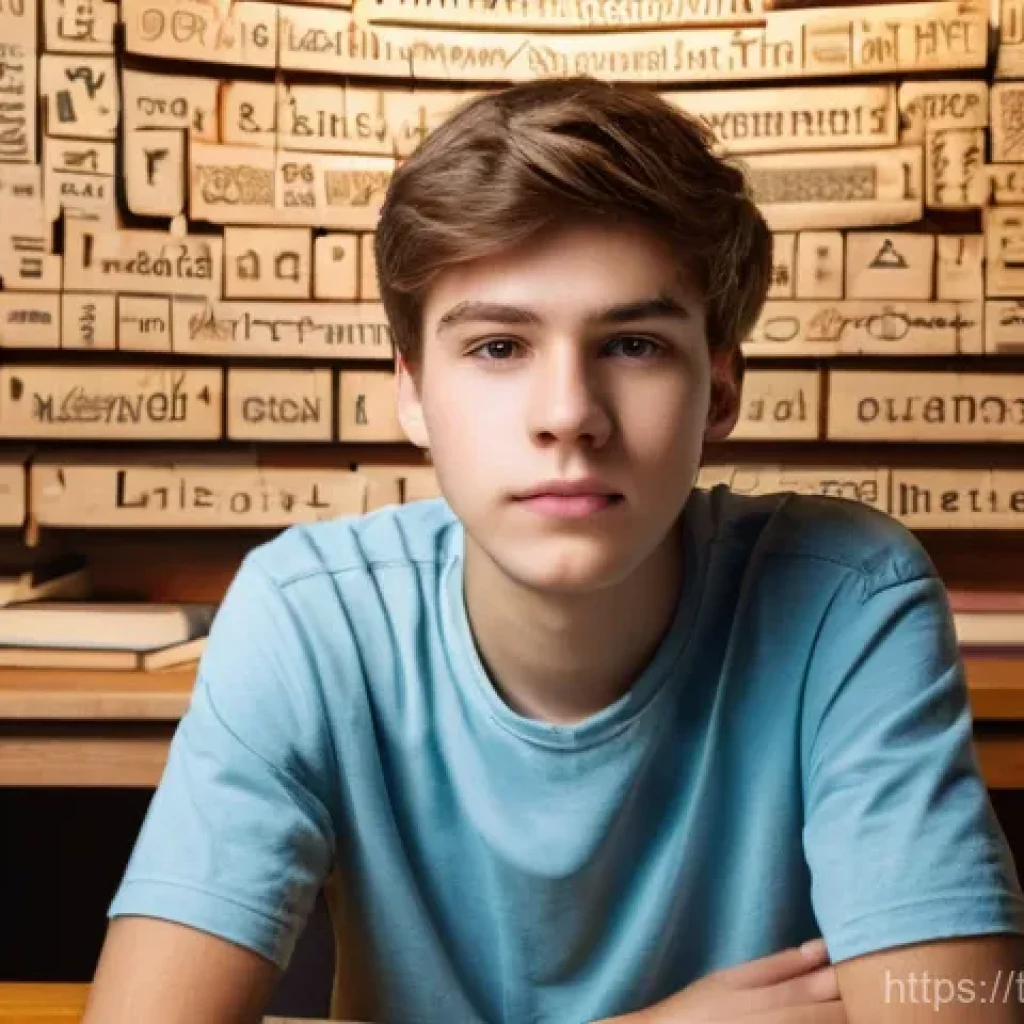 독일어 문법 정리 및 실습 - **Prompt 1: The German Grammar Labyrinth**
A young male student, around 17 years old, sits at a ...