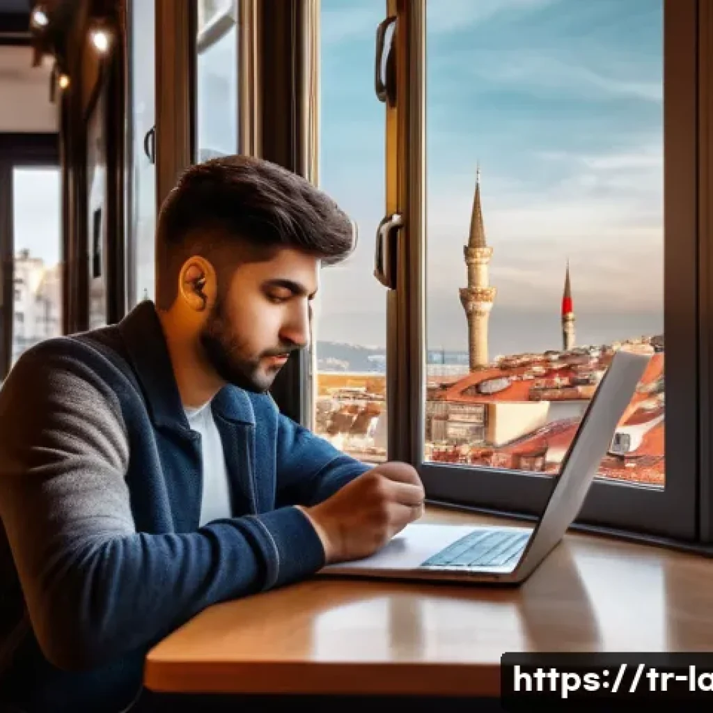 TCF 자격증 취득 가이드 - A modern Turkish student studying for the TCF French language exam at a cozy caf&eacute; in Istanbul, surro...