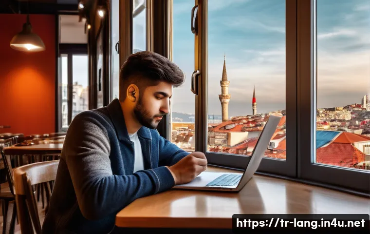 TCF 자격증 취득 가이드 - A modern Turkish student studying for the TCF French language exam at a cozy café in Istanbul, surro...