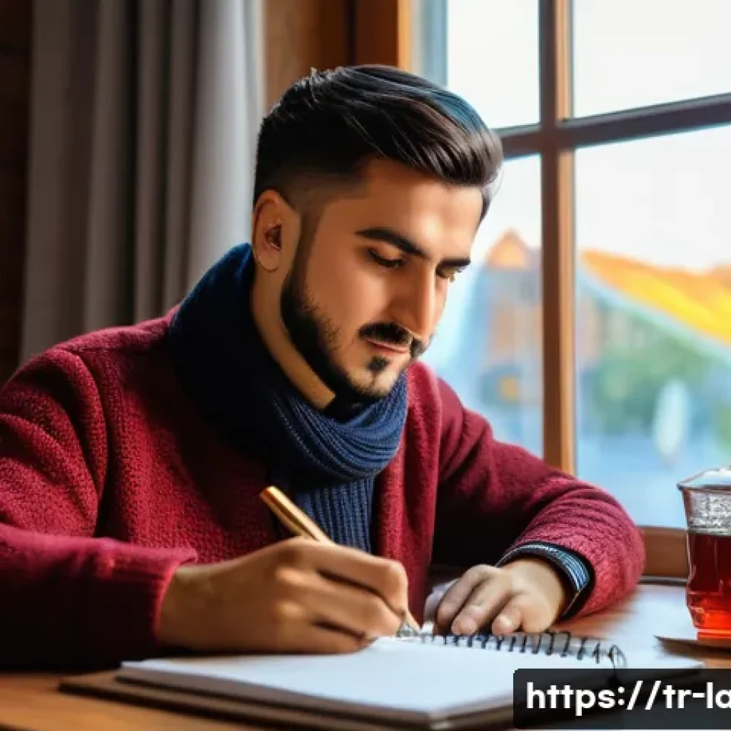 독일어 회화 시험 대비 모의 면접 - A cozy indoor scene showing a young Turkish adult practicing German speaking skills at a wooden desk...