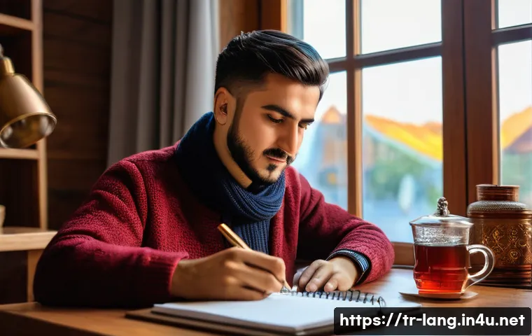 독일어 회화 시험 대비 모의 면접 - A cozy indoor scene showing a young Turkish adult practicing German speaking skills at a wooden desk...