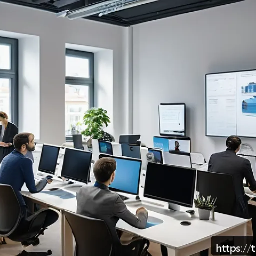 프랑스어 독일어 이직 시장 트렌드 - A modern office scene in Berlin featuring a diverse team of professionals collaborating on AI and au...
