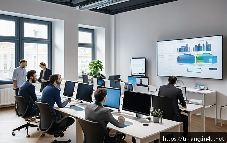프랑스어 독일어 이직 시장 트렌드 - A modern office scene in Berlin featuring a diverse team of professionals collaborating on AI and au...