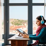 Home 21 외국어 학습에서의 멘탈 관리 방법 - A cozy and modern home study room in Turkey during daylight, featuring a young adult woman studying ...