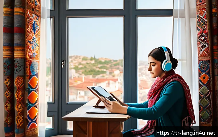 외국어 학습에서의 멘탈 관리 방법 - A cozy and modern home study room in Turkey during daylight, featuring a young adult woman studying ...