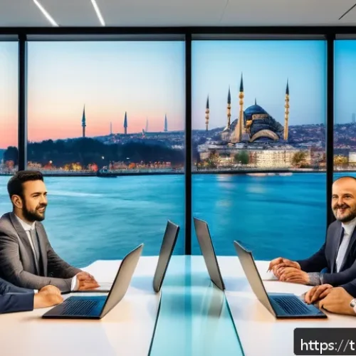 Home 32 Goethe Zertifikat 자격증으로 가능한 직무 - A professional office scene in Istanbul featuring a diverse team of Turkish and German-speaking busi...