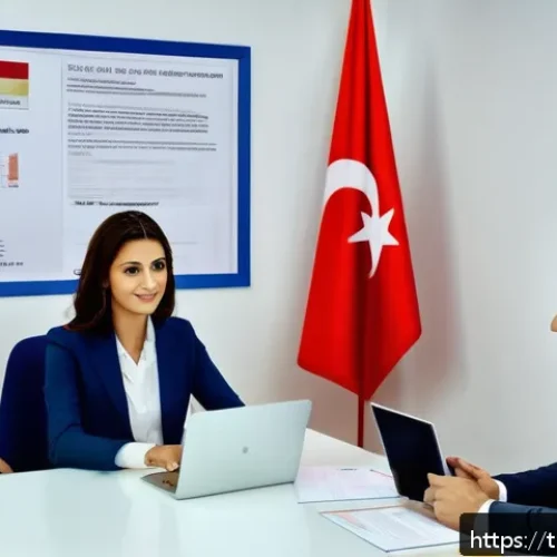 Home 30 DELF 취득 후 연봉협상 전략 - A professional office scene in Istanbul featuring a confident Turkish businesswoman presenting a DEL...