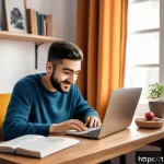 Home 23 외국어 시험 응시료와 준비 비용 비교 - A cozy home study scene featuring a young Turkish adult sitting at a wooden desk with a laptop open ...