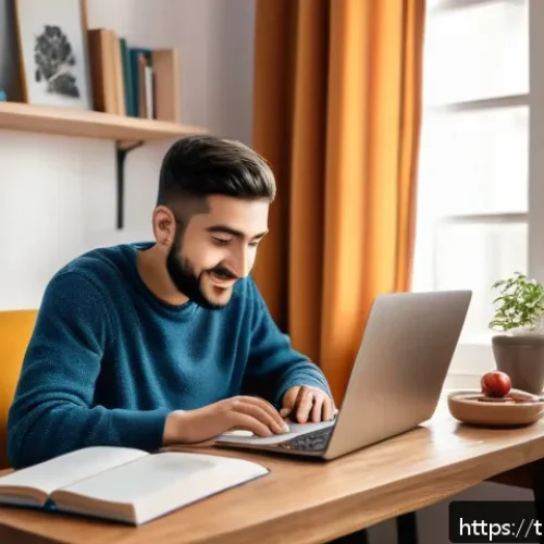 Home 17 외국어 시험 응시료와 준비 비용 비교 - A cozy home study scene featuring a young Turkish adult sitting at a wooden desk with a laptop open ...