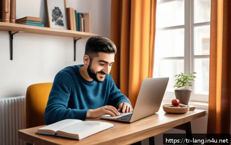 외국어 시험 응시료와 준비 비용 비교 - A cozy home study scene featuring a young Turkish adult sitting at a wooden desk with a laptop open ...