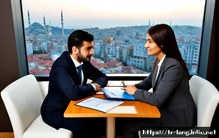 외국어 능력 시험과 기업 채용 연관성 - Photorealistic corporate job interview in a modern Istanbul office, confident Turkish young professi...